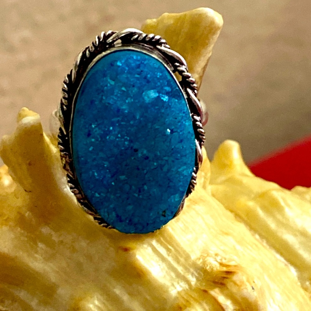 NEW Blue Druzy Quartz 925 Sterling Silver Ring Size 9